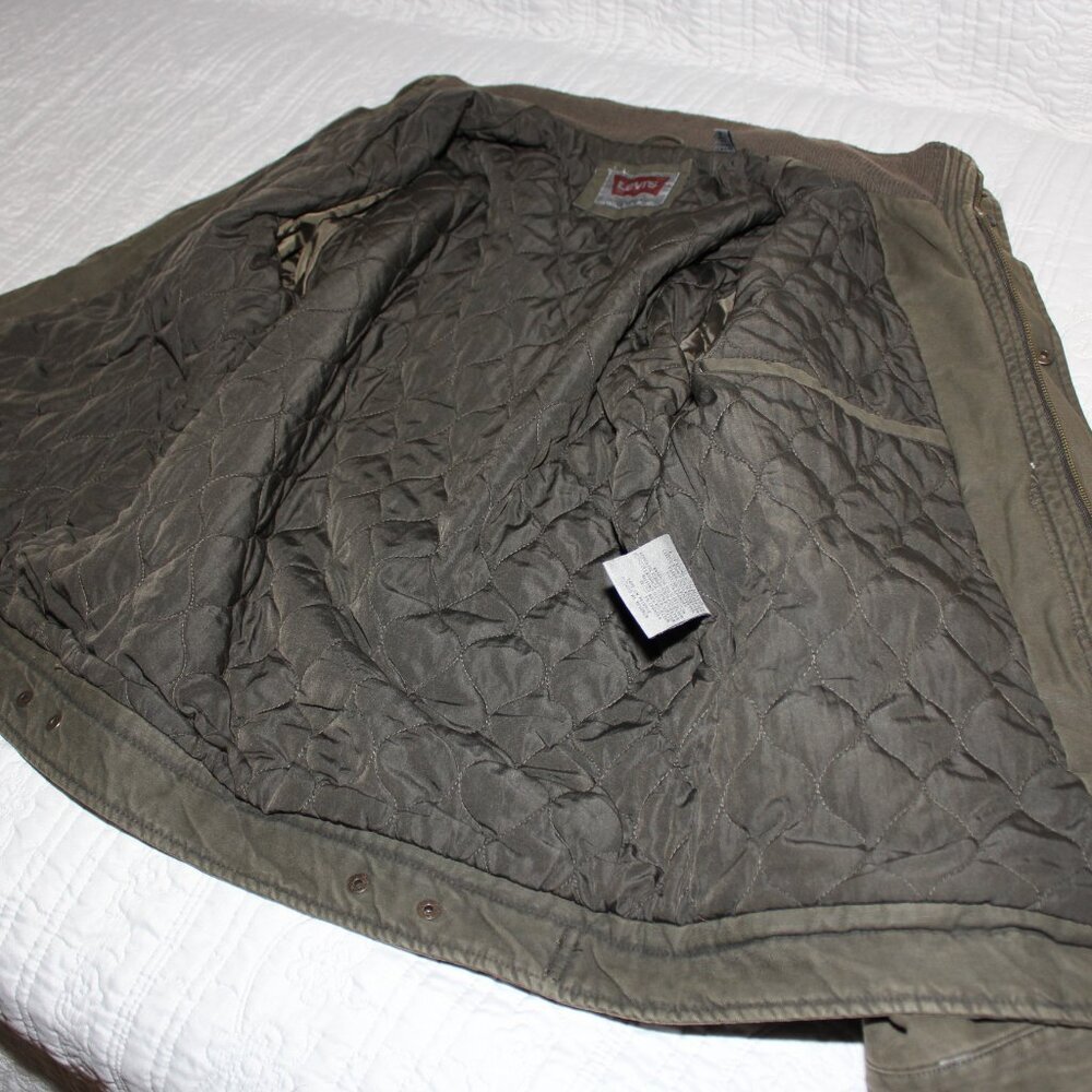 Levi's Mens Canvas feel Quilted Interior Green Heavy Coat Zip Snap Size Medium - Picture 9 of 13